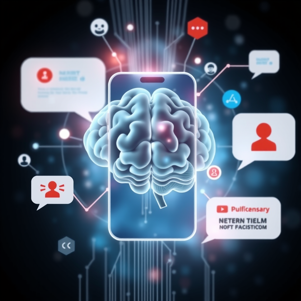 Abstract visualization of smartphone notifications with psychological elements - brain patterns, attention symbols, and notification bubbles in a modern digital art style