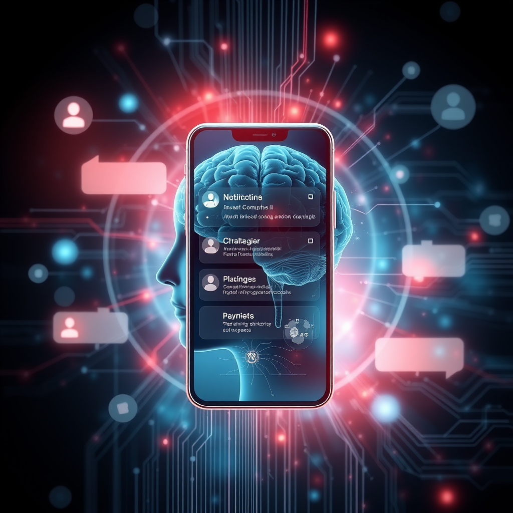Abstract visualization of smartphone notifications with psychological elements, showing brain patterns and behavioral triggers in a modern digital interface design