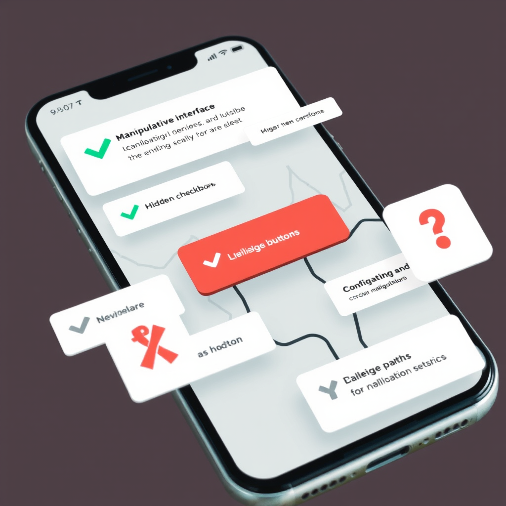 Abstract illustration showing manipulative interface elements like hidden checkboxes, misleading buttons, and confusing navigation paths overlaid on a smartphone screen