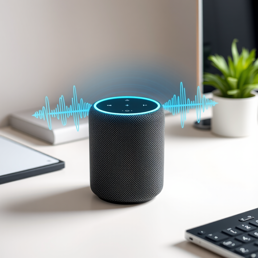 Modern smart speaker device with voice wave visualization on a clean desk setup, representing voice-activated technology and conversational user interfaces