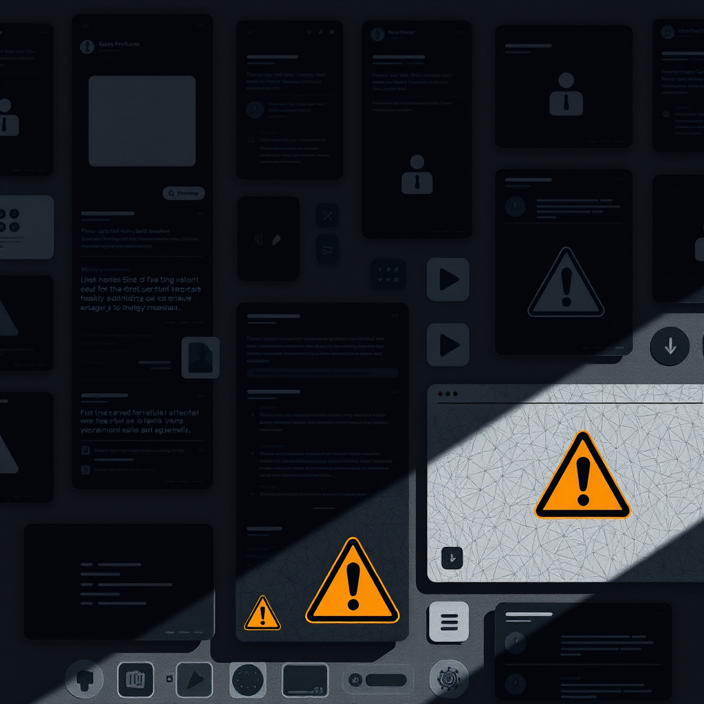 Dark interface elements and deceptive UI components arranged in a maze-like pattern, representing manipulative design practices with shadowy overlays and warning symbols