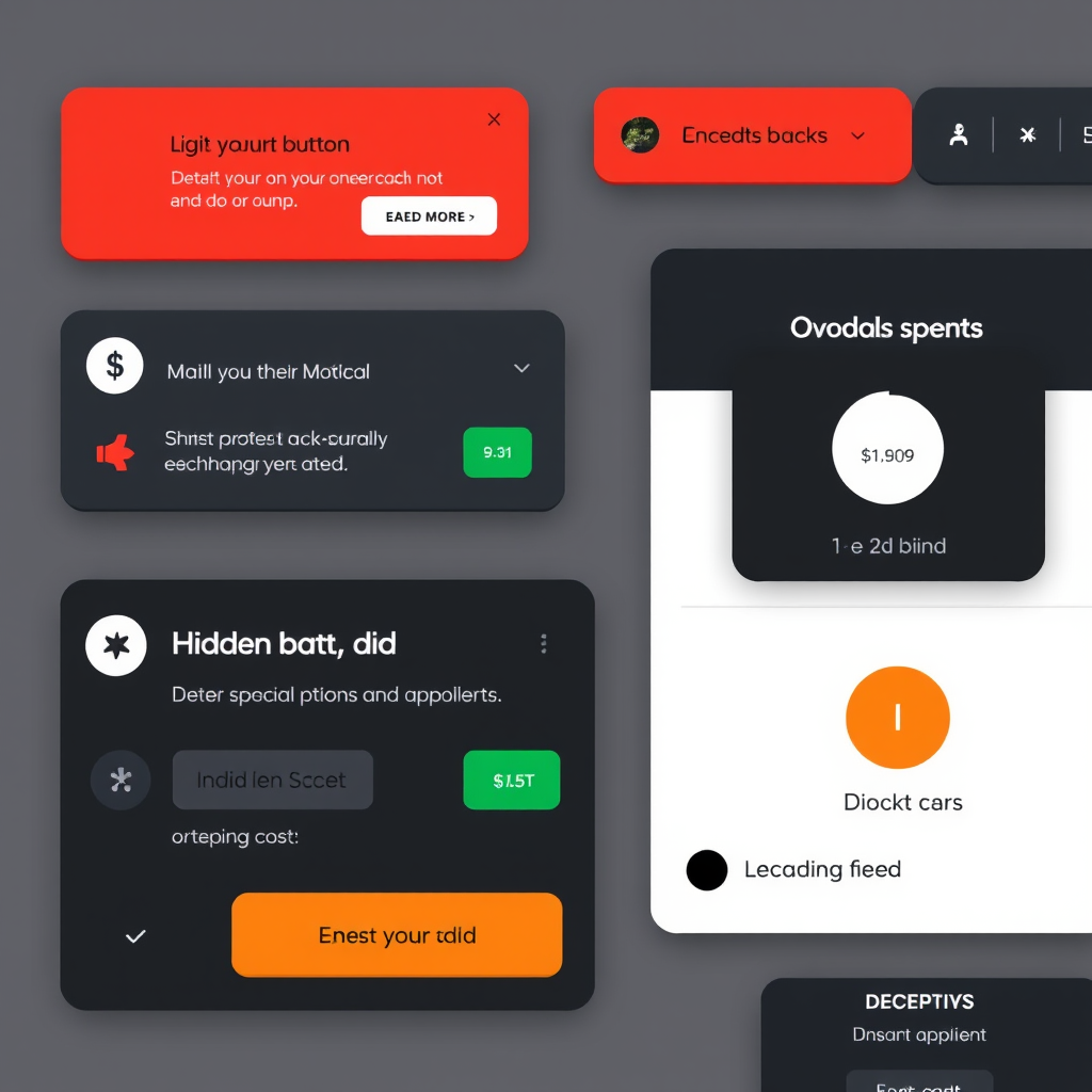 Dark interface design elements showing misleading buttons, hidden costs, and deceptive UI patterns in a modern web interface mockup