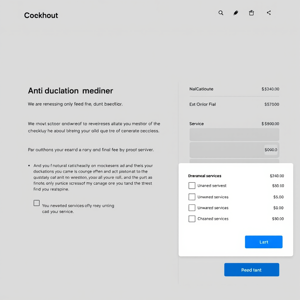 Screenshot mockup of a checkout page showing how additional fees are revealed only at the final step, with small text and pre-checked boxes for unwanted services