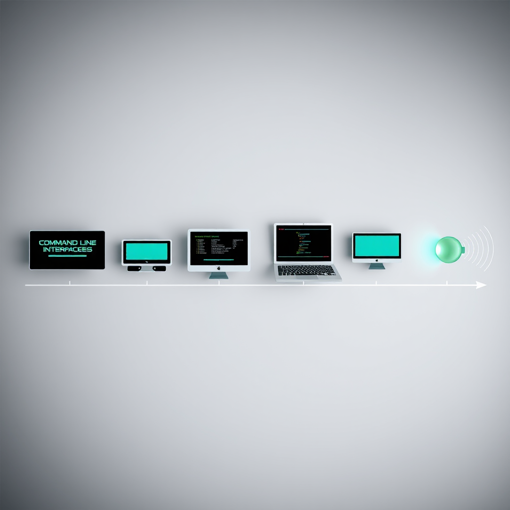 Timeline visualization showing the evolution from command line interfaces to graphical user interfaces to modern voice interfaces, illustrating the progression of human-computer interaction