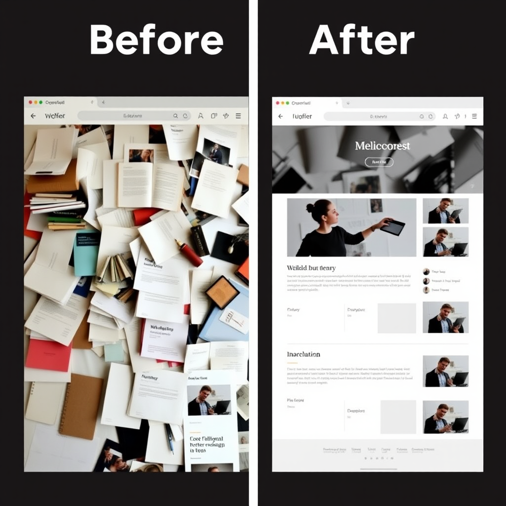 Before and after comparison showing cluttered interface versus clean minimalist redesign
