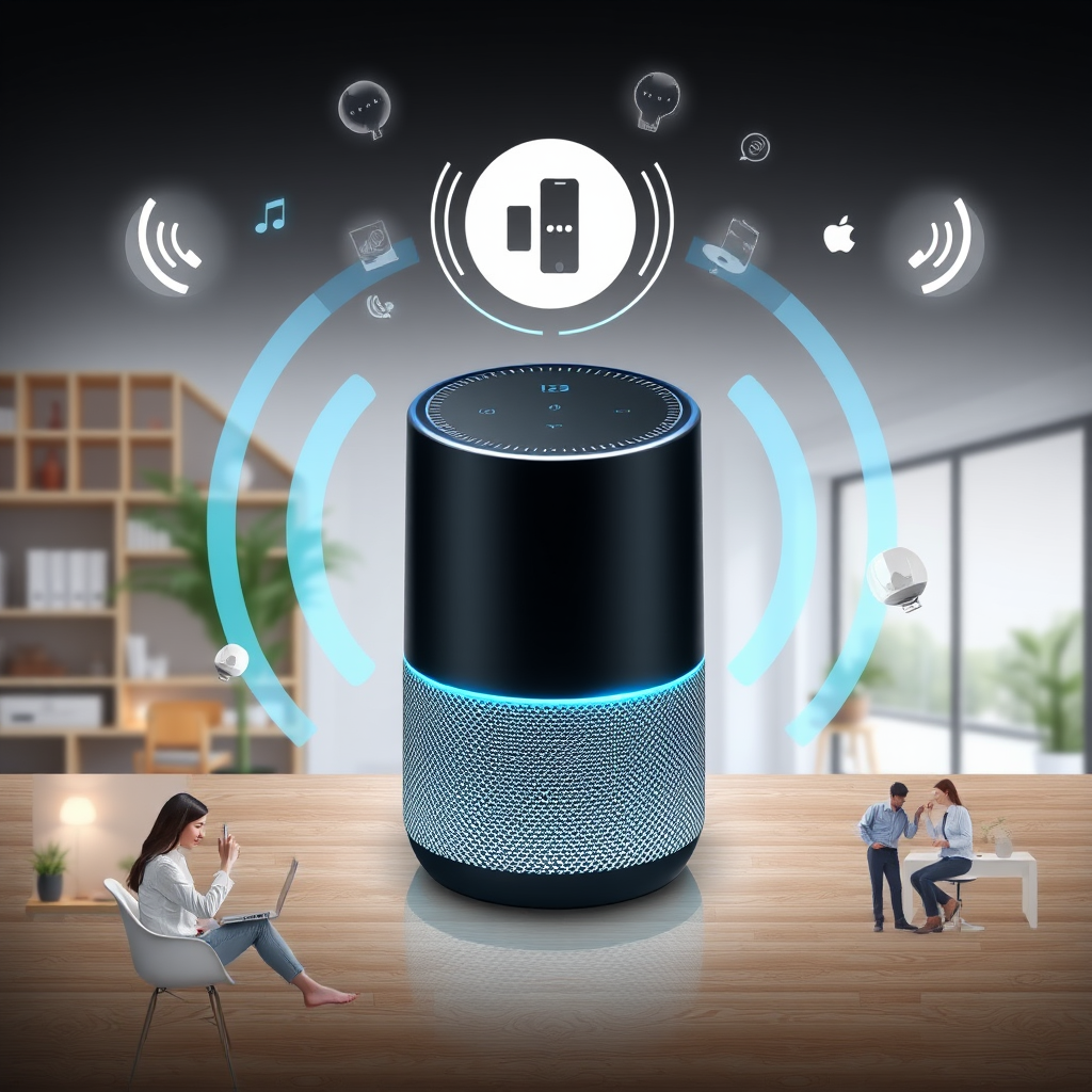 Modern smart speaker with sound waves and voice interaction symbols floating around it, showing people using voice commands in home and office environments with clean, futuristic design