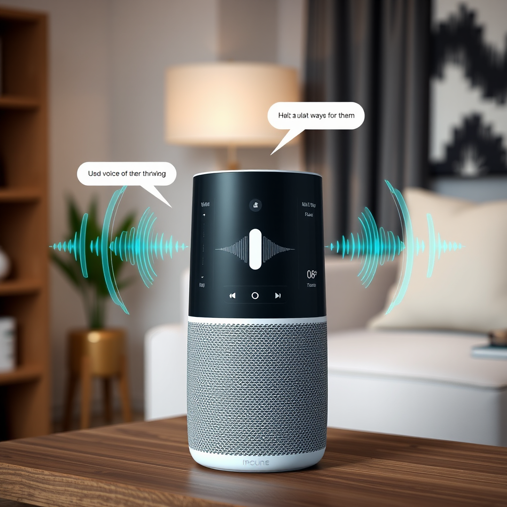 Modern smart speaker with voice wave visualization and conversational UI elements, representing voice-activated technology in a home environment