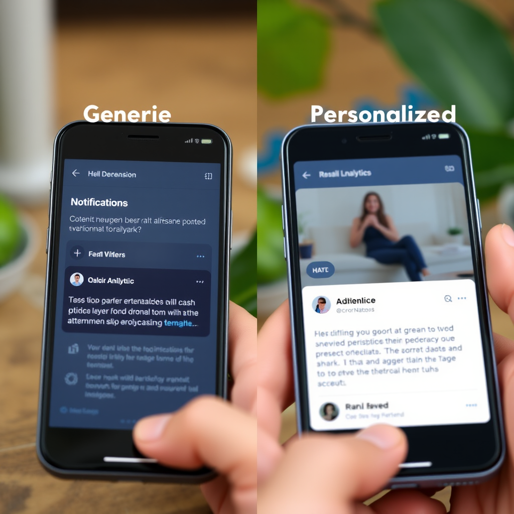 Split screen comparison showing generic versus personalized notifications on mobile interface with user behavior analytics data in the background