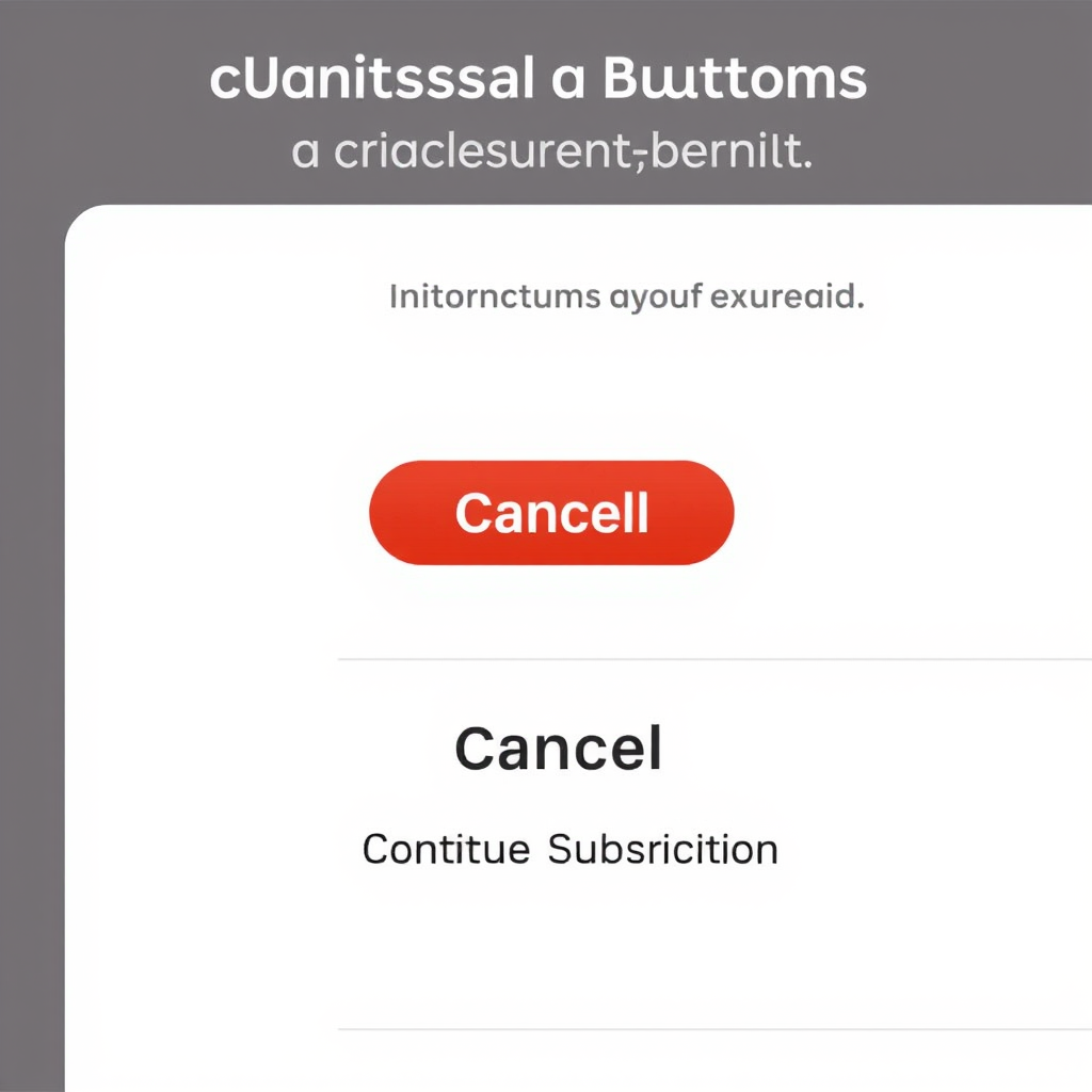 Interface mockup showing confusing button designs where the 'Cancel' button is styled to look like the primary action while 'Continue Subscription' appears as a secondary option