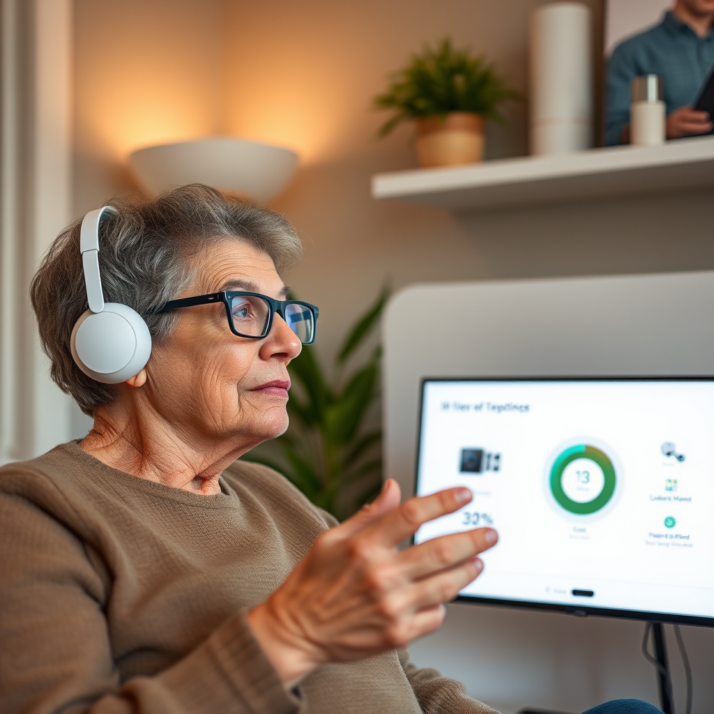 Person with visual impairment using voice commands to control smart home devices, demonstrating accessibility benefits of conversational interfaces