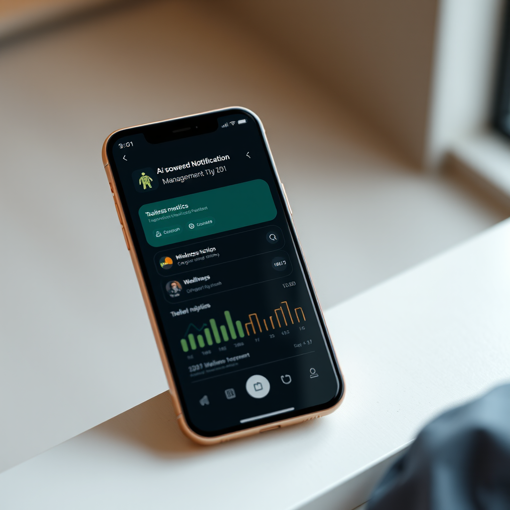 Futuristic smartphone interface displaying an AI-powered notification management system with wellness metrics and mindful design elements
