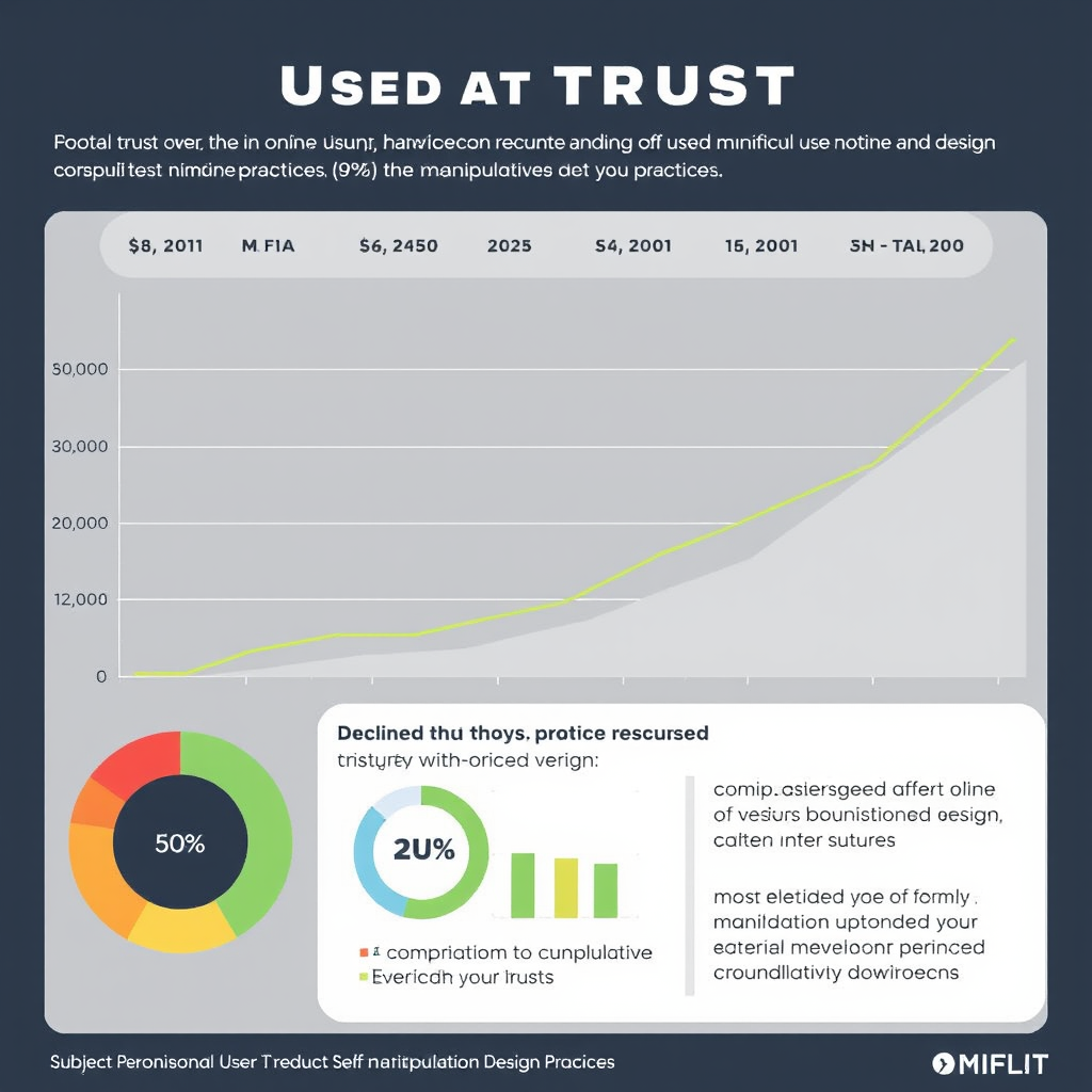 Infographic showing declining user trust metrics over time, with charts displaying increased skepticism toward online services and growing awareness of manipulative design practices