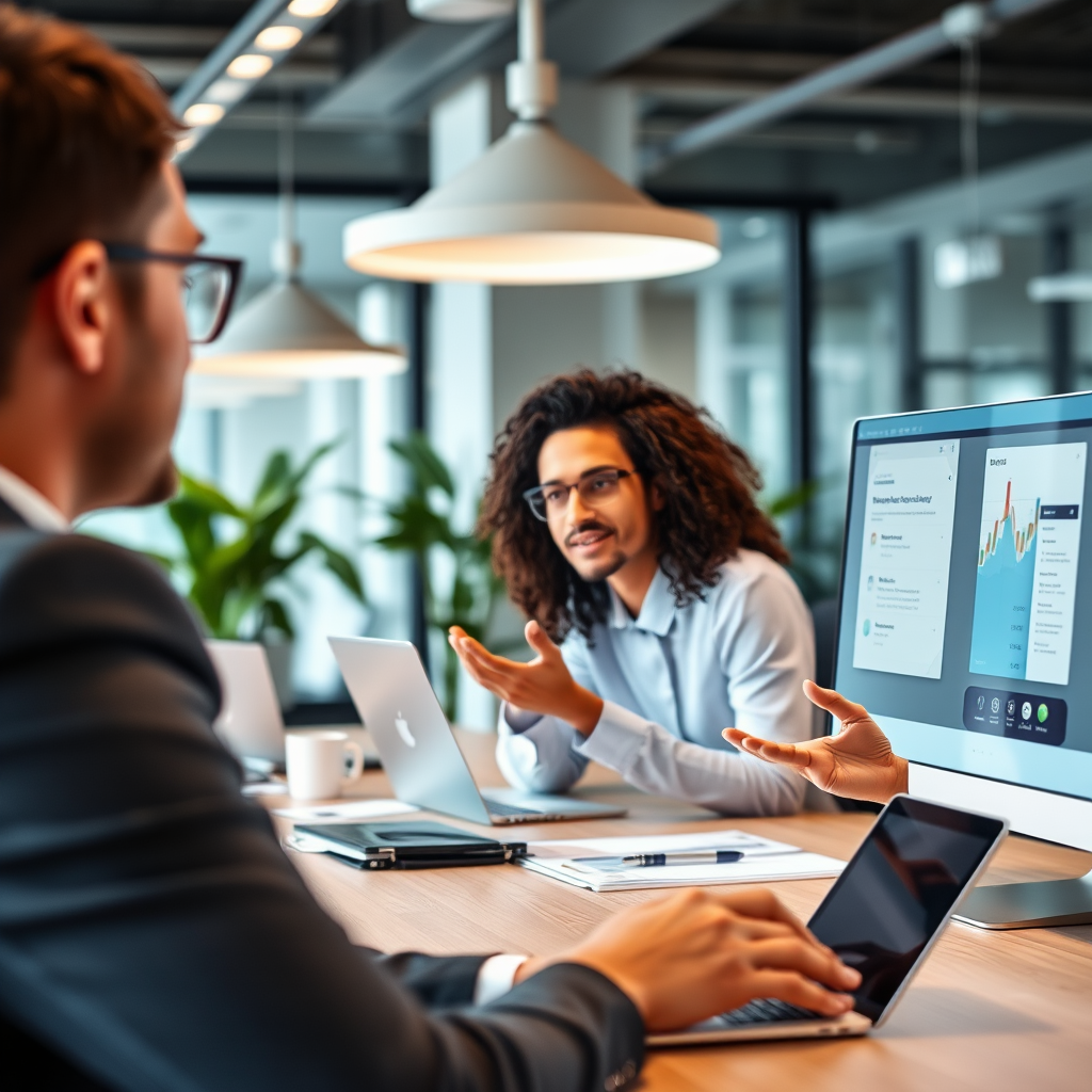 Modern office environment with professionals using voice commands for presentations and device control, showing integration of voice interfaces in workplace settings